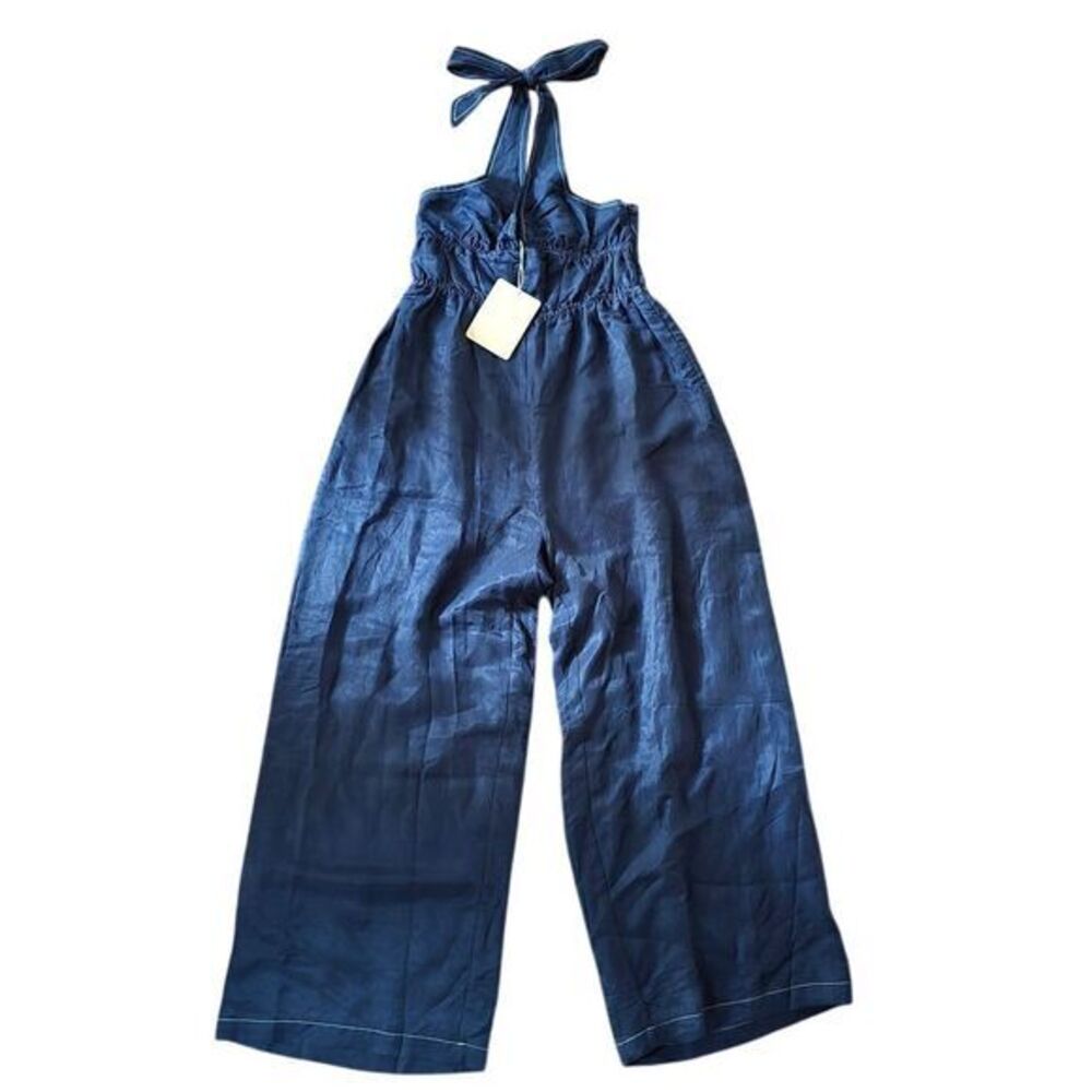 NWT Free People Sancia Navy Blue Halter‎ Wide Leg Jumpsuit Size Small